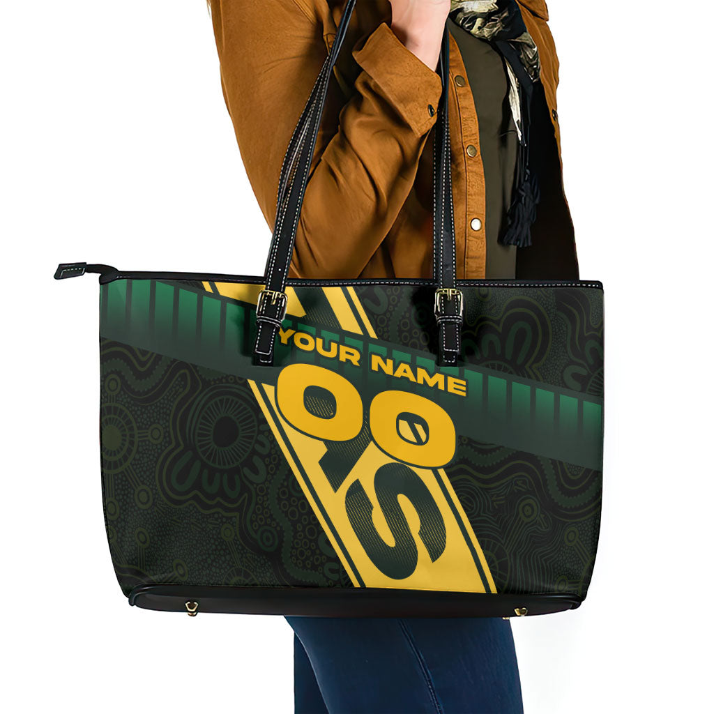 Personalised Tasmania Oztag Leather Tote Bag Black Gold Aboriginal Pattern