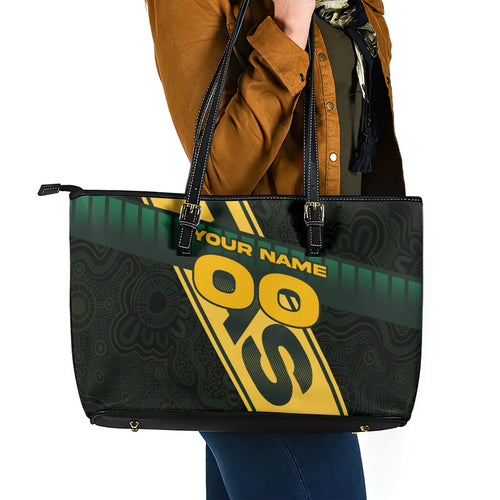 Personalised Tasmania Oztag Leather Tote Bag Black Gold Aboriginal Pattern