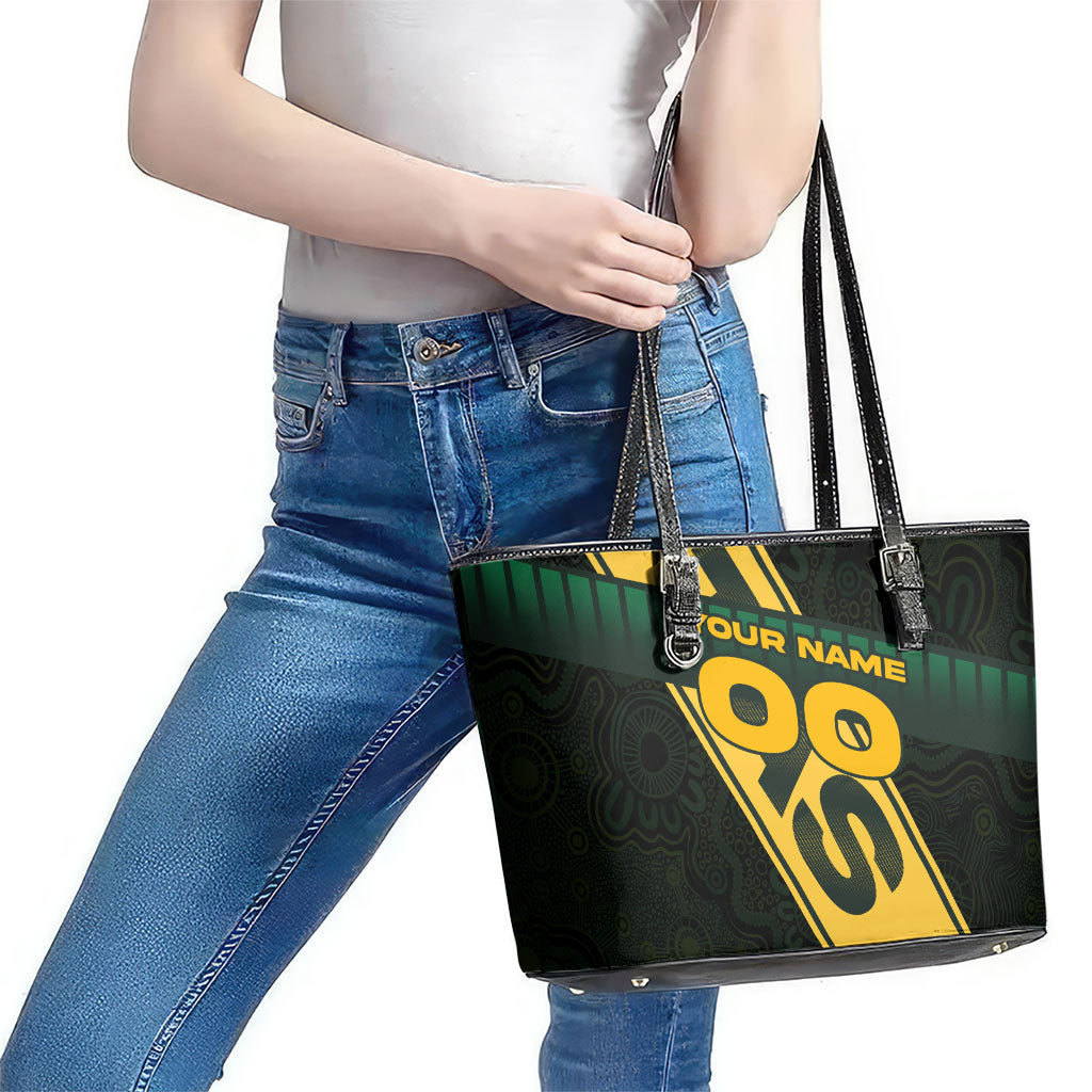 Personalised Tasmania Oztag Leather Tote Bag Black Gold Aboriginal Pattern