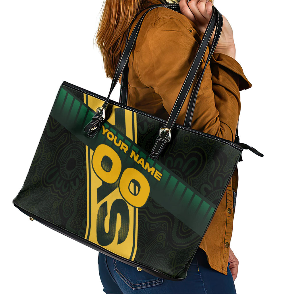 Personalised Tasmania Oztag Leather Tote Bag Black Gold Aboriginal Pattern