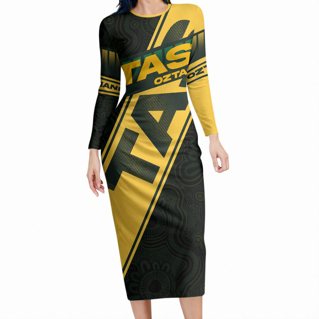 Personalised Tasmania Oztag Long Sleeve Bodycon Dress Black Gold Aboriginal Pattern