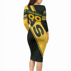 Personalised Tasmania Oztag Long Sleeve Bodycon Dress Black Gold Aboriginal Pattern