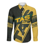 Personalised Tasmania Oztag Long Sleeve Button Shirt Black Gold Aboriginal Pattern