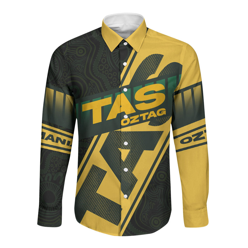 Personalised Tasmania Oztag Long Sleeve Button Shirt Black Gold Aboriginal Pattern