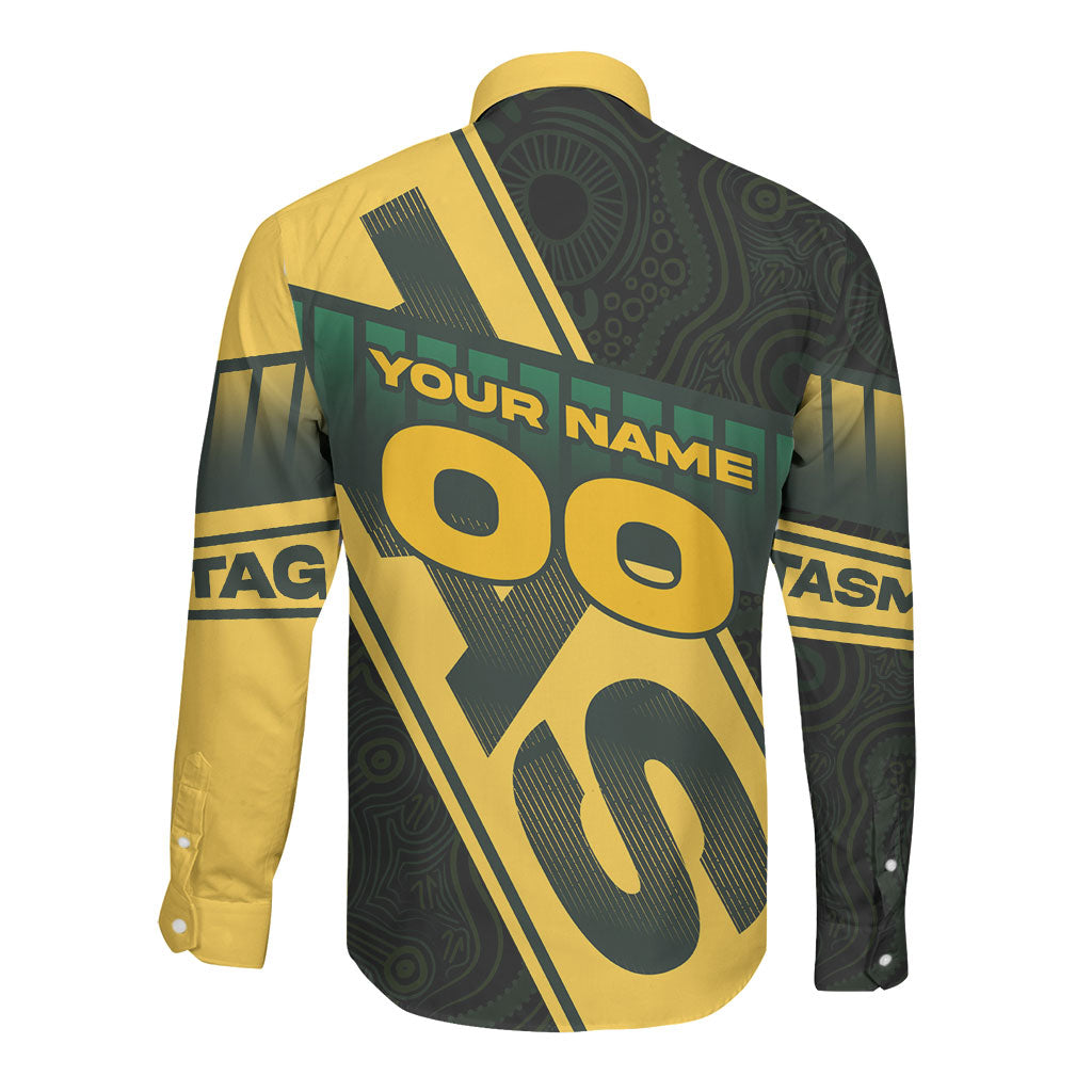 Personalised Tasmania Oztag Long Sleeve Button Shirt Black Gold Aboriginal Pattern