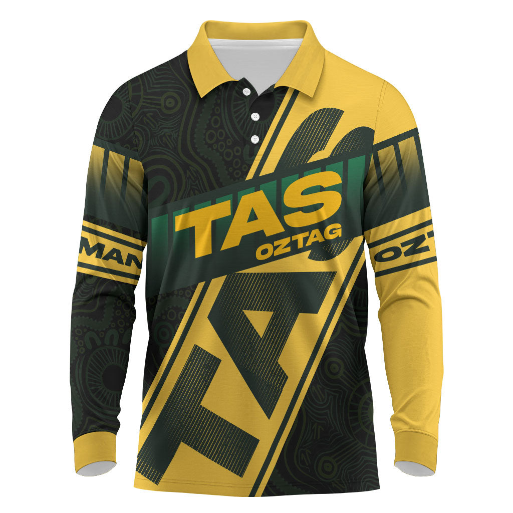Personalised Tasmania Oztag Long Sleeve Polo Shirt Black Gold Aboriginal Pattern
