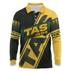 Personalised Tasmania Oztag Long Sleeve Polo Shirt Black Gold Aboriginal Pattern