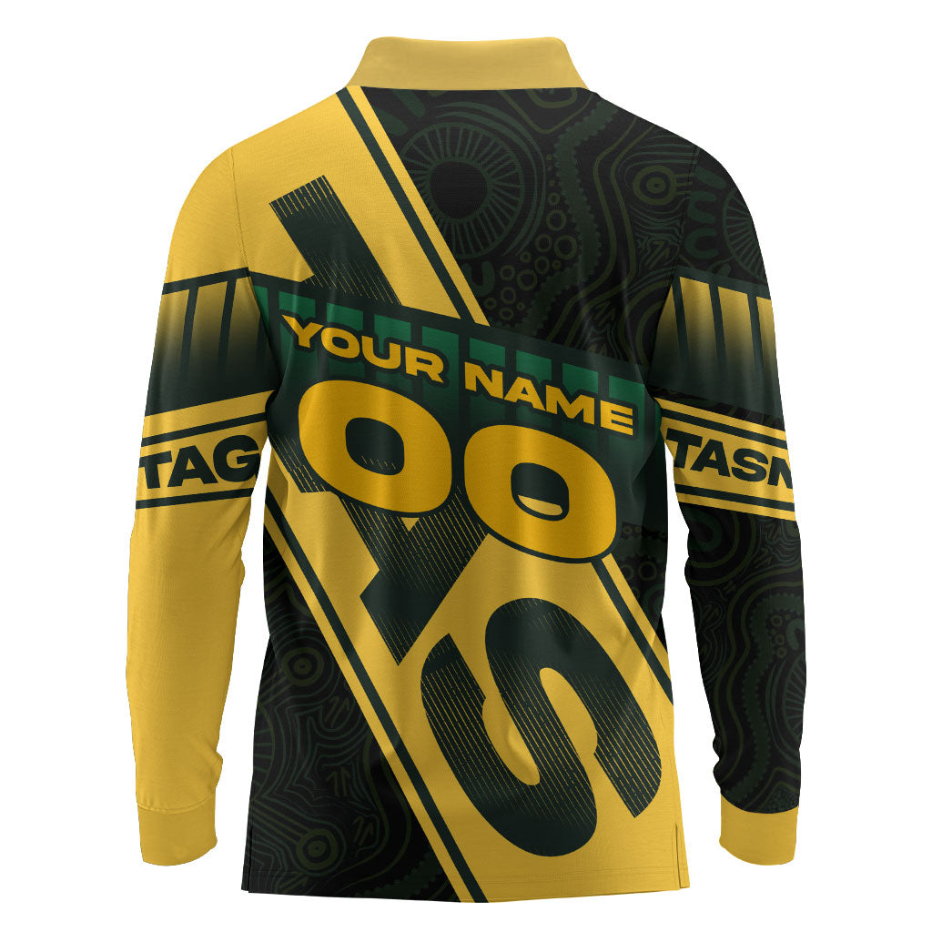 Personalised Tasmania Oztag Long Sleeve Polo Shirt Black Gold Aboriginal Pattern