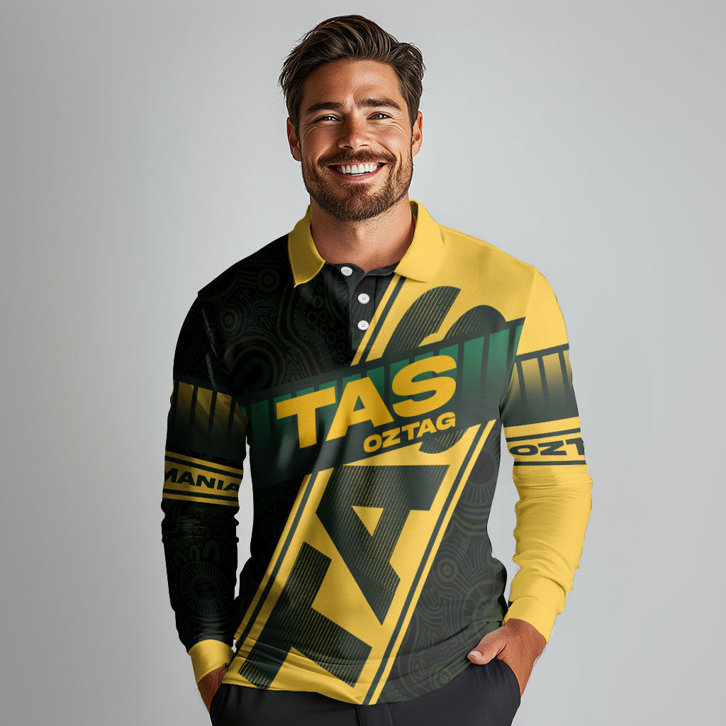 Personalised Tasmania Oztag Long Sleeve Polo Shirt Black Gold Aboriginal Pattern
