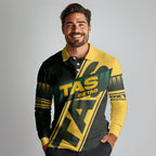 Personalised Tasmania Oztag Long Sleeve Polo Shirt Black Gold Aboriginal Pattern