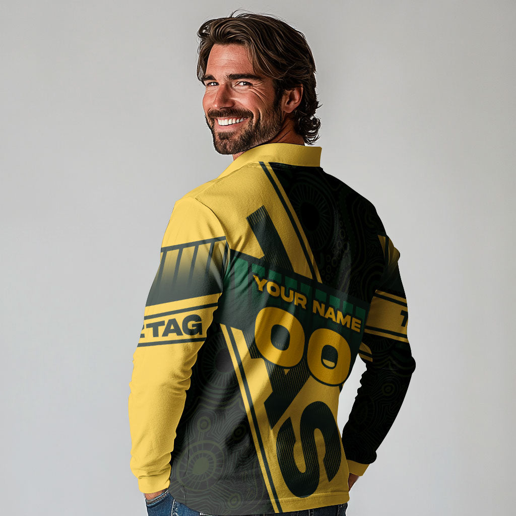 Personalised Tasmania Oztag Long Sleeve Polo Shirt Black Gold Aboriginal Pattern