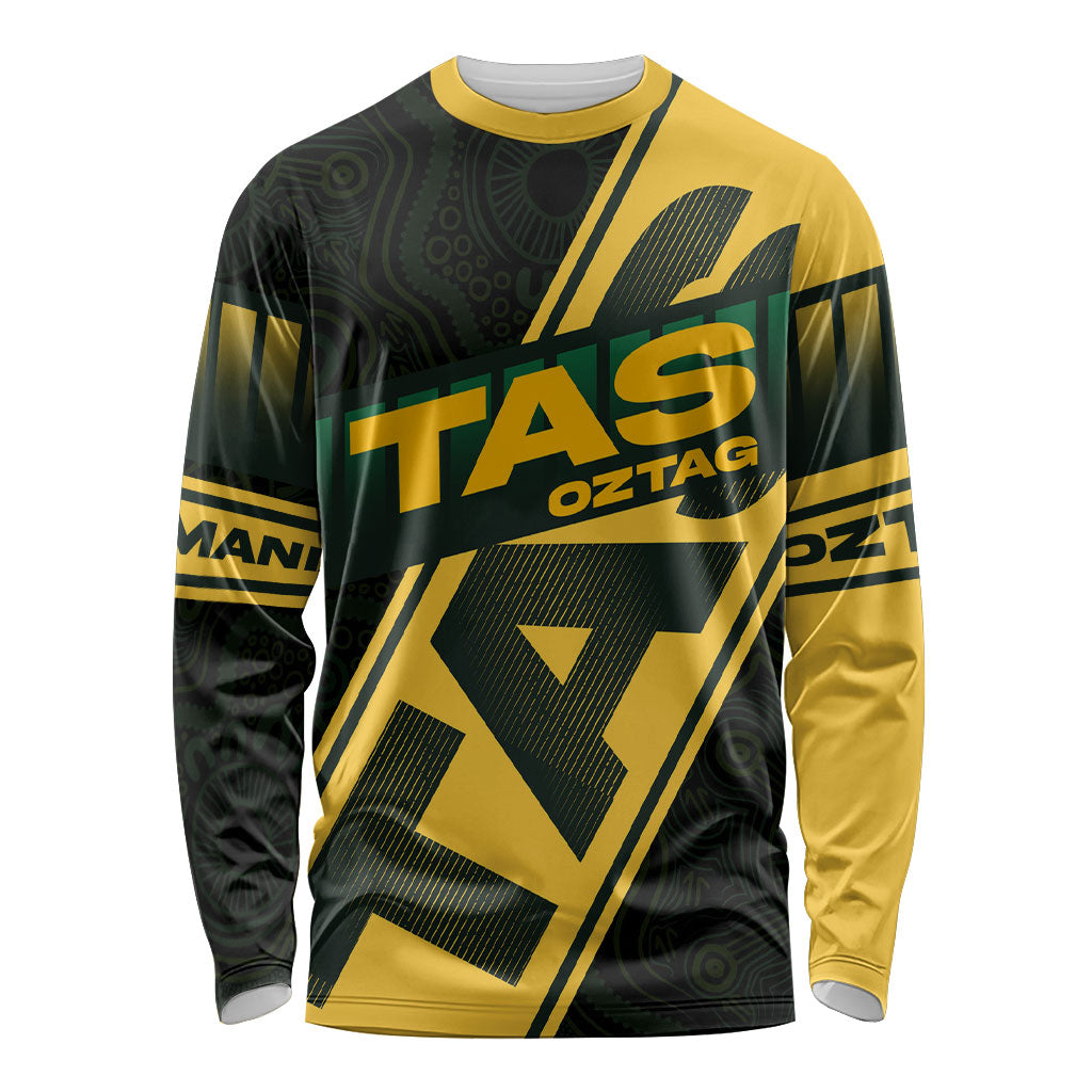 Personalised Tasmania Oztag Long Sleeve Shirt Black Gold Aboriginal Pattern