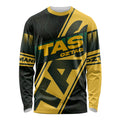 Personalised Tasmania Oztag Long Sleeve Shirt Black Gold Aboriginal Pattern