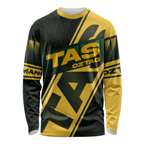 Personalised Tasmania Oztag Long Sleeve Shirt Black Gold Aboriginal Pattern