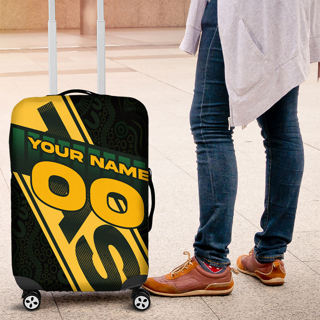 Personalised Tasmania Oztag Luggage Cover Black Gold Aboriginal Pattern