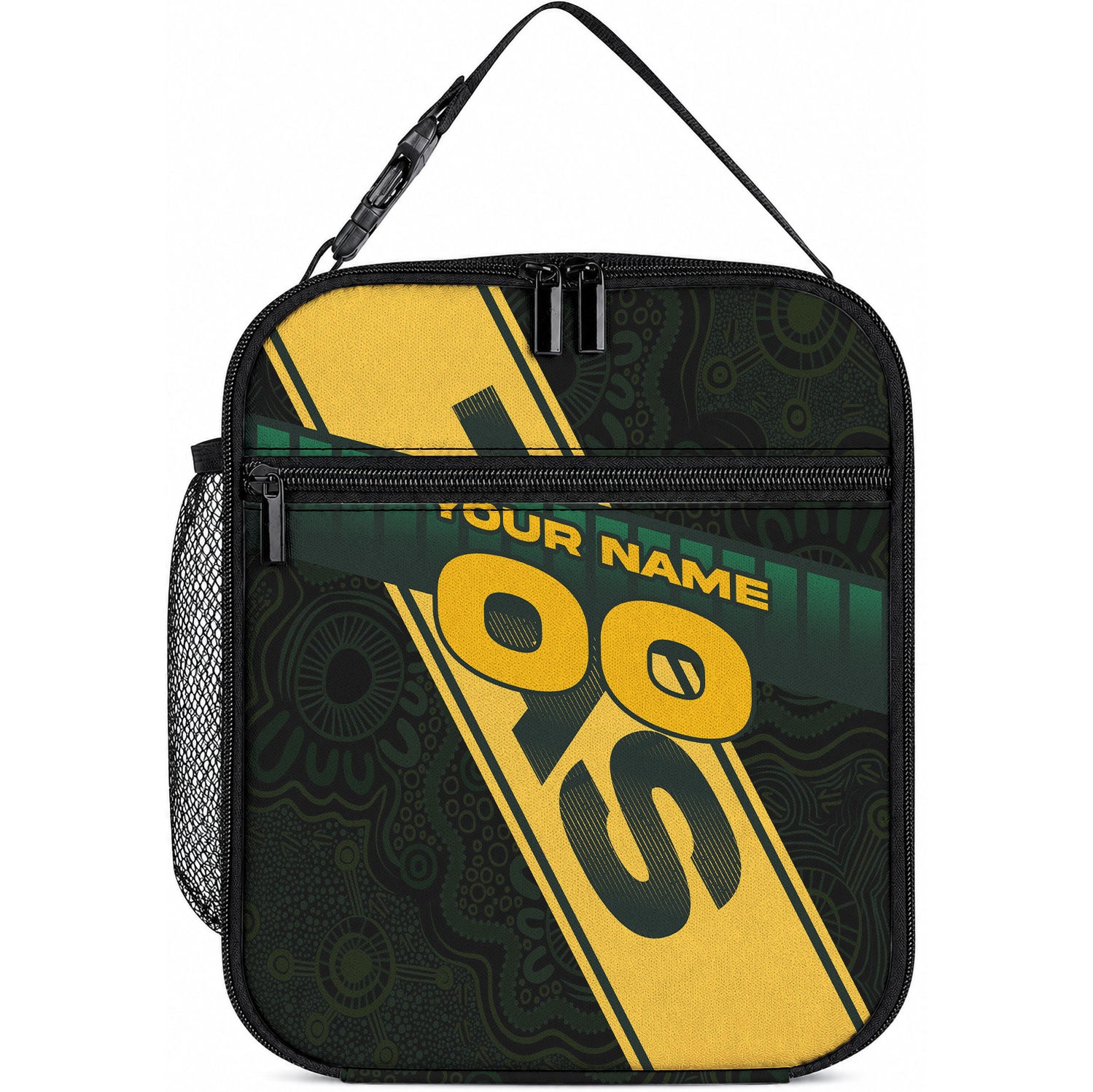 Personalised Tasmania Oztag Lunch Bag Black Gold Aboriginal Pattern