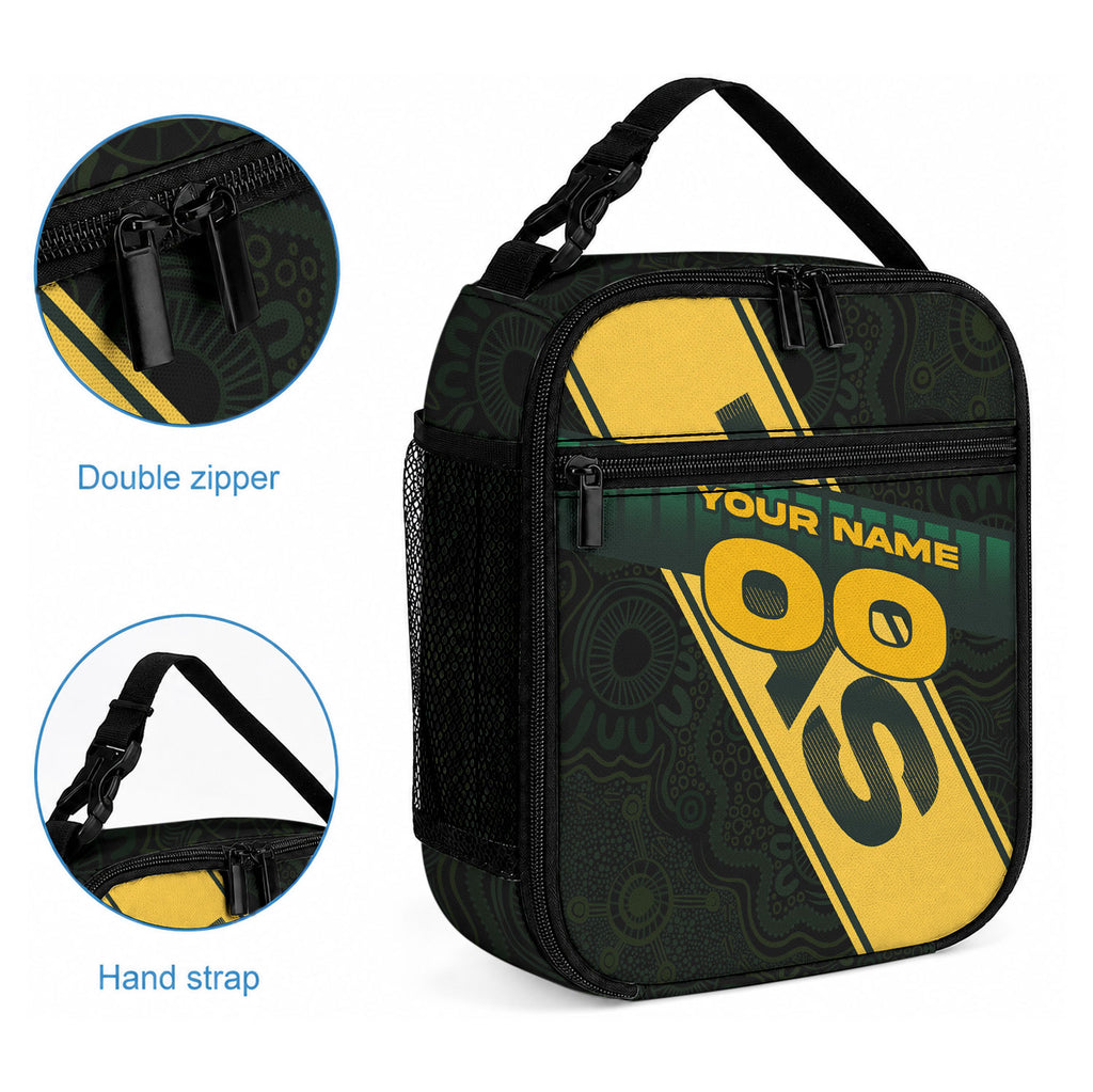 Personalised Tasmania Oztag Lunch Bag Black Gold Aboriginal Pattern