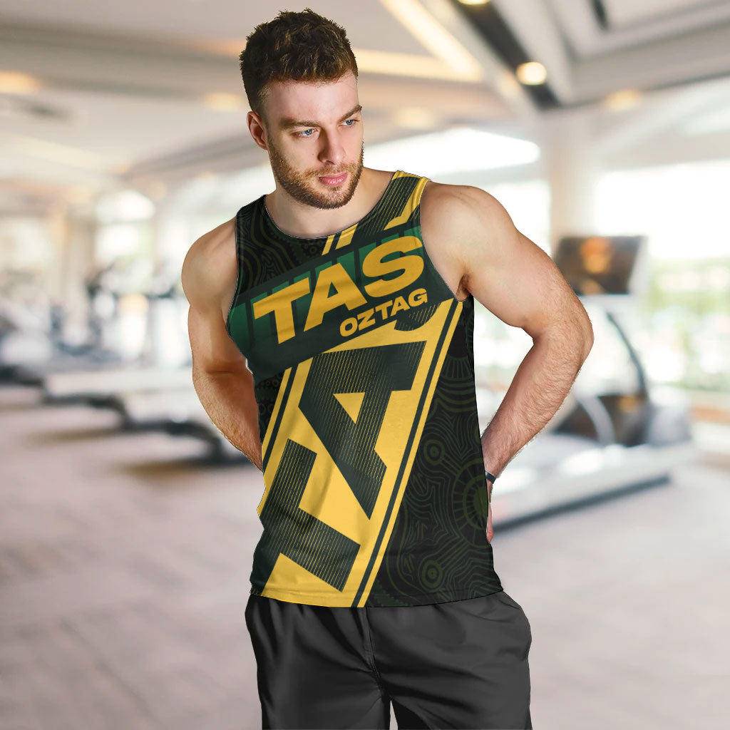 Personalised Tasmania Oztag Men Tank Top Black Gold Aboriginal Pattern