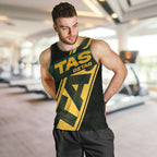 Personalised Tasmania Oztag Men Tank Top Black Gold Aboriginal Pattern