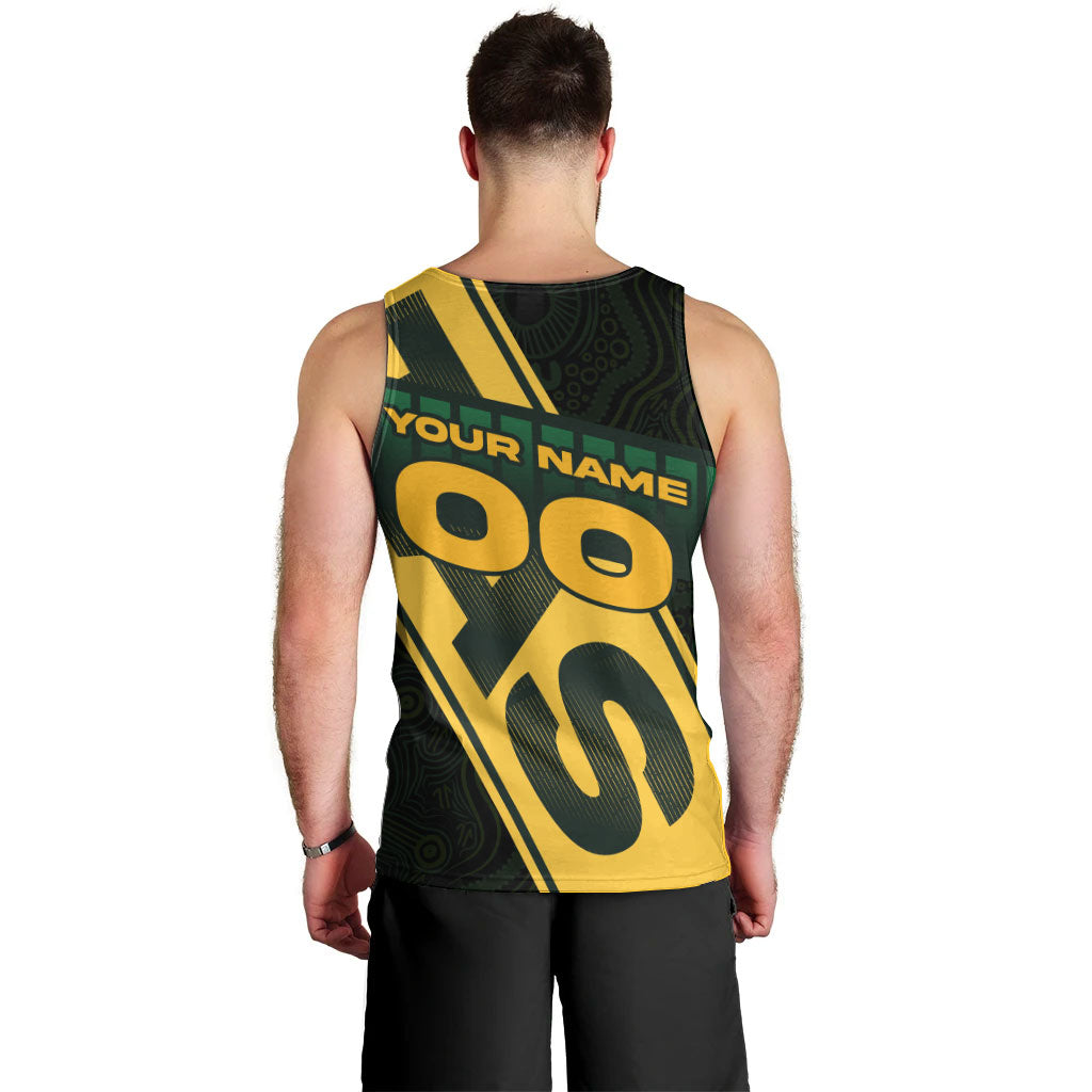 Personalised Tasmania Oztag Men Tank Top Black Gold Aboriginal Pattern