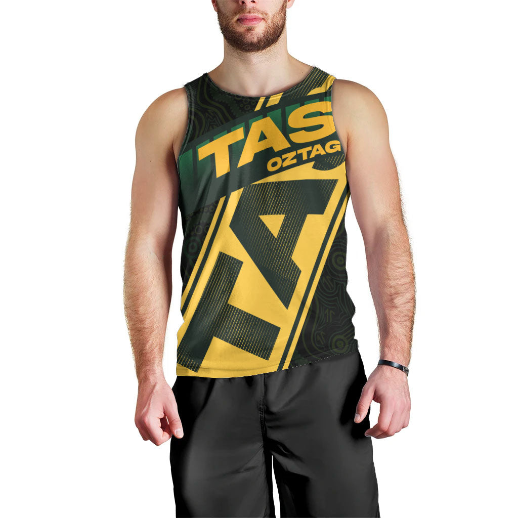 Personalised Tasmania Oztag Men Tank Top Black Gold Aboriginal Pattern