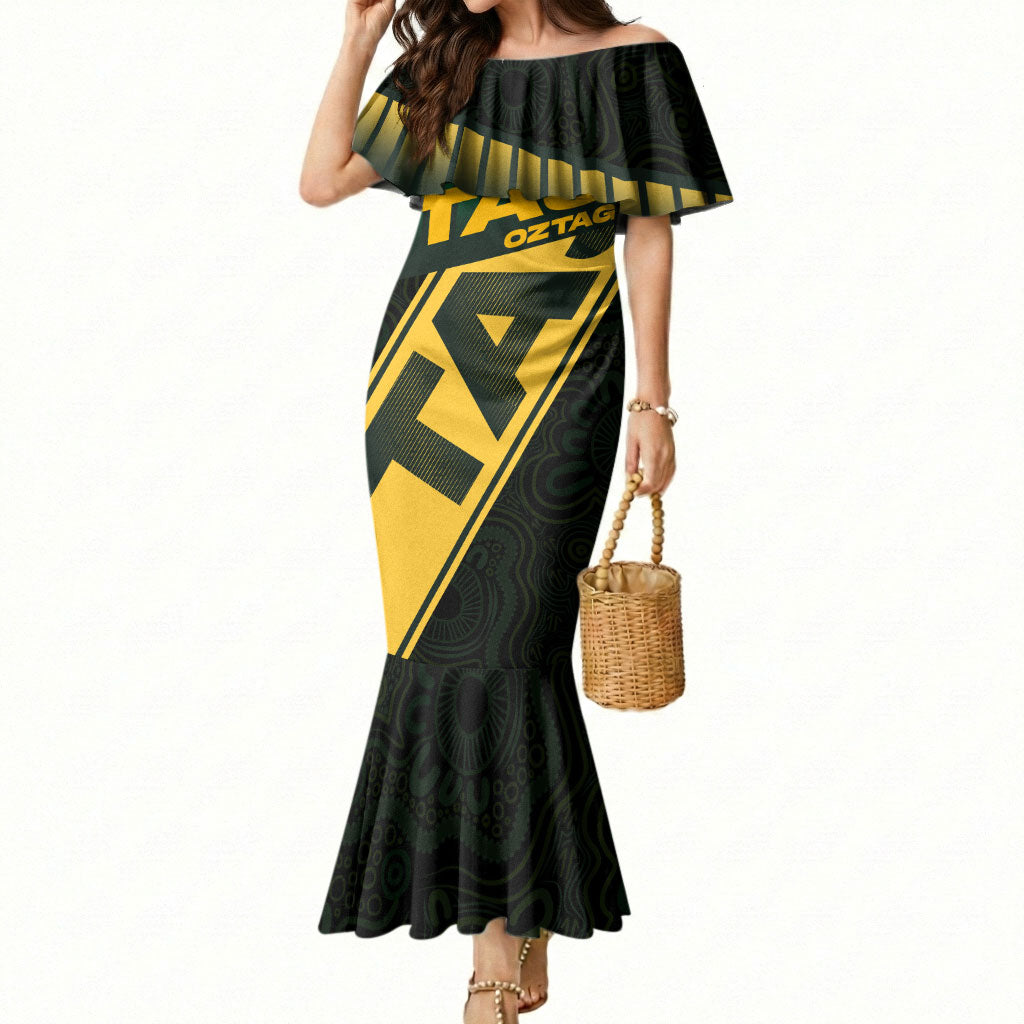 Personalised Tasmania Oztag Mermaid Dress Black Gold Aboriginal Pattern