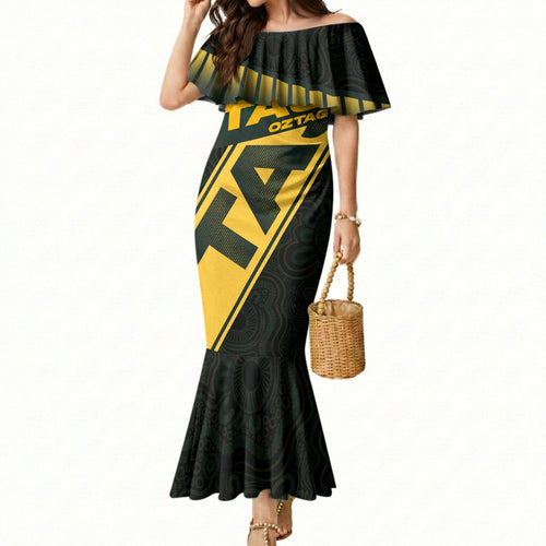 Personalised Tasmania Oztag Mermaid Dress Black Gold Aboriginal Pattern