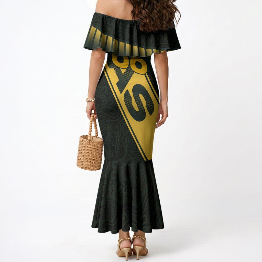 Personalised Tasmania Oztag Mermaid Dress Black Gold Aboriginal Pattern