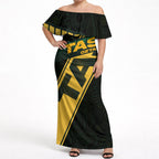 Personalised Tasmania Oztag Off Shoulder Maxi Dress Black Gold Aboriginal Pattern