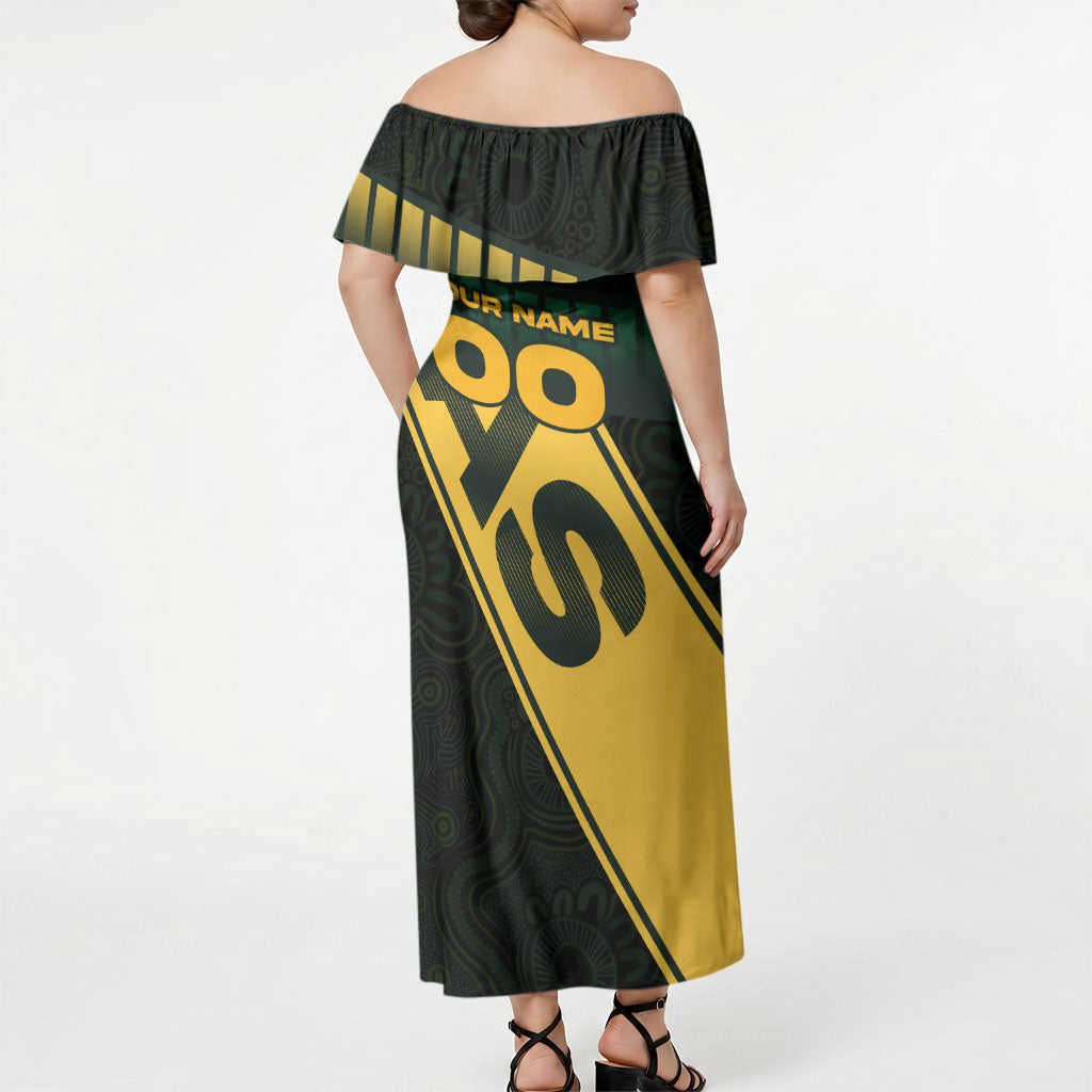 Personalised Tasmania Oztag Off Shoulder Maxi Dress Black Gold Aboriginal Pattern