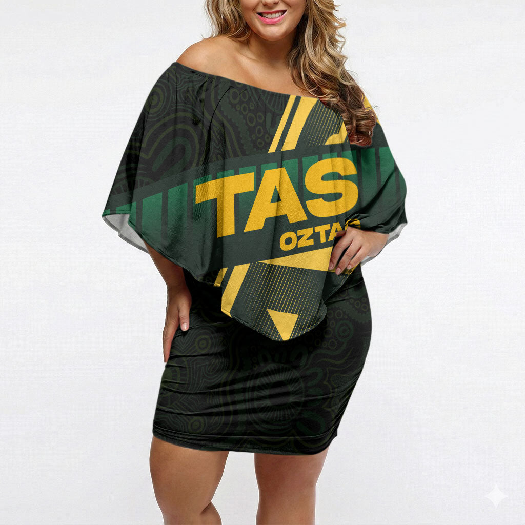 Personalised Tasmania Oztag Off Shoulder Short Dress Black Gold Aboriginal Pattern