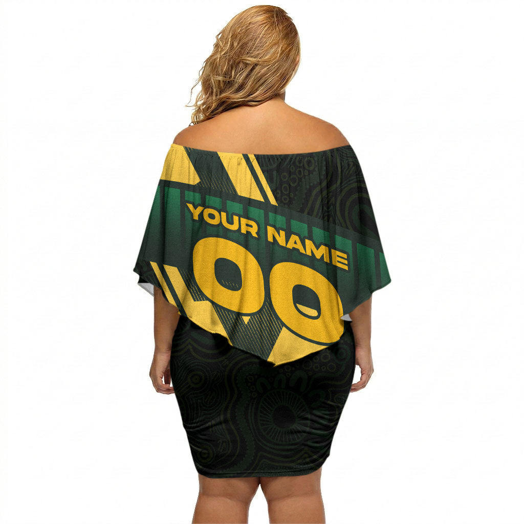 Personalised Tasmania Oztag Off Shoulder Short Dress Black Gold Aboriginal Pattern