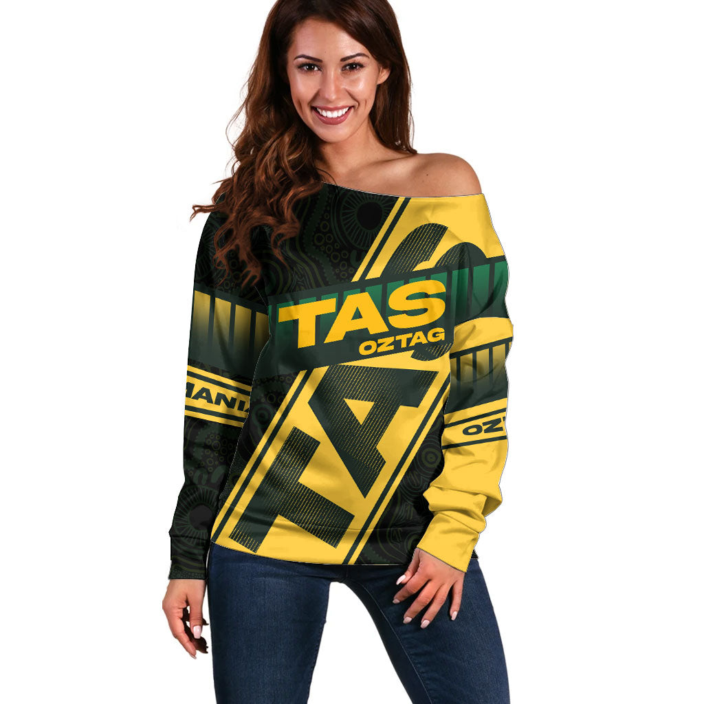 Personalised Tasmania Oztag Off Shoulder Sweater Black Gold Aboriginal Pattern