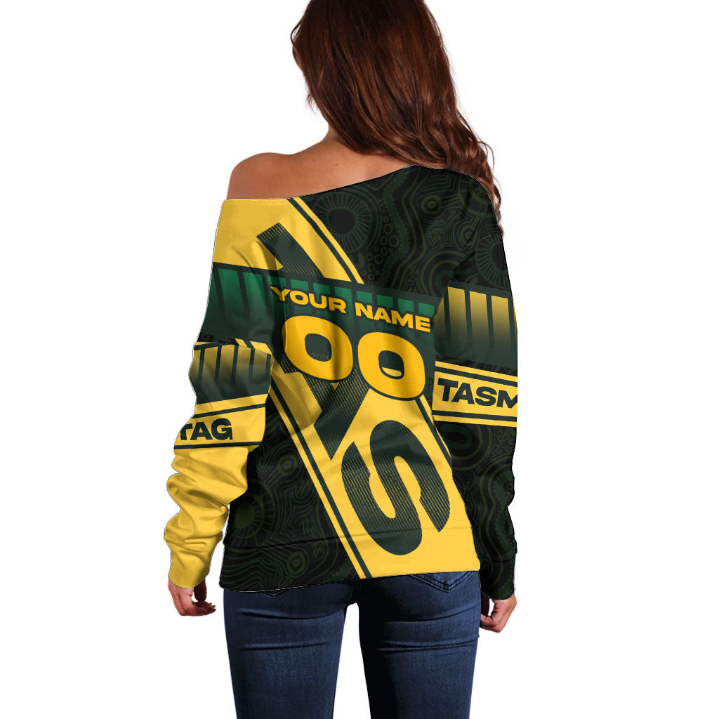 Personalised Tasmania Oztag Off Shoulder Sweater Black Gold Aboriginal Pattern