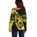 Personalised Tasmania Oztag Off Shoulder Sweater Black Gold Aboriginal Pattern