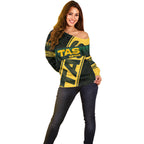 Personalised Tasmania Oztag Off Shoulder Sweater Black Gold Aboriginal Pattern