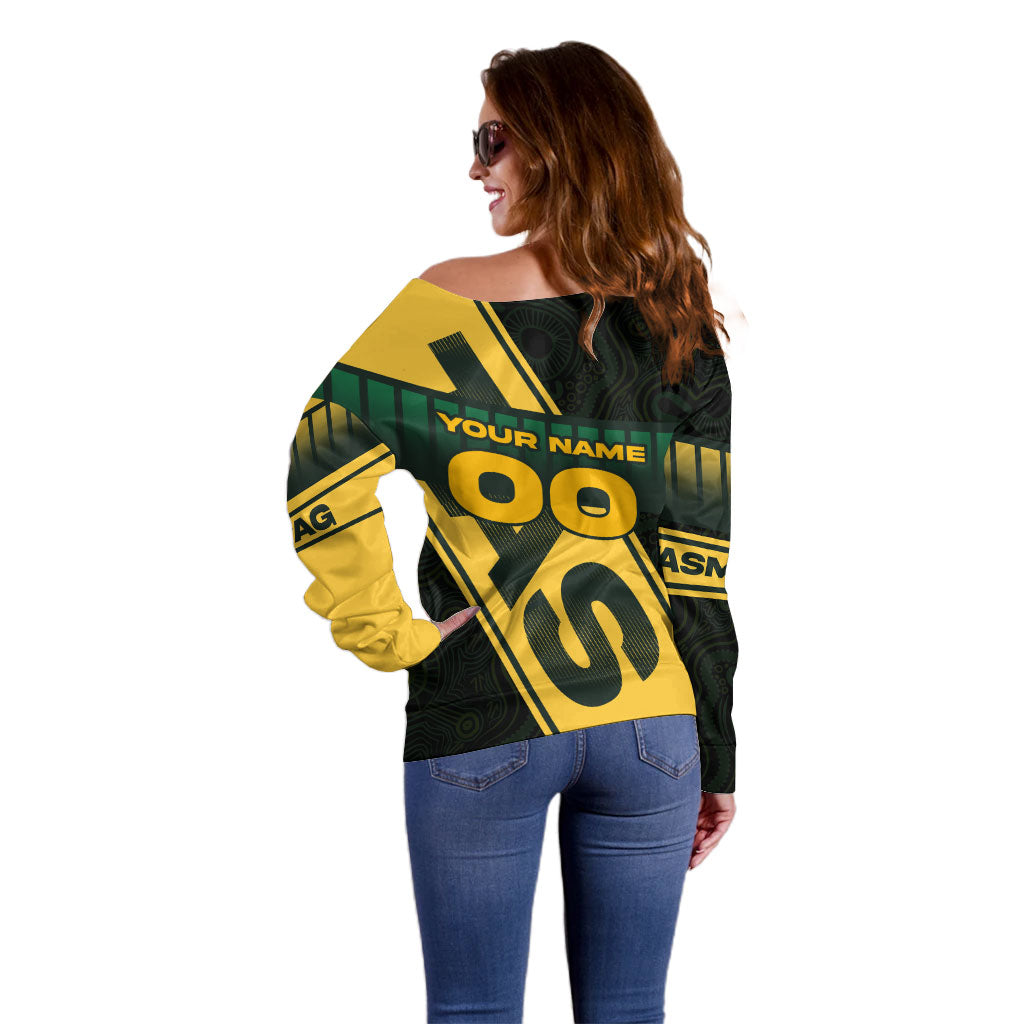 Personalised Tasmania Oztag Off Shoulder Sweater Black Gold Aboriginal Pattern