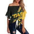 Personalised Tasmania Oztag Off Shoulder Wrap Waist Top Black Gold Aboriginal Pattern