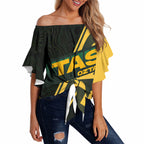 Personalised Tasmania Oztag Off Shoulder Wrap Waist Top Black Gold Aboriginal Pattern