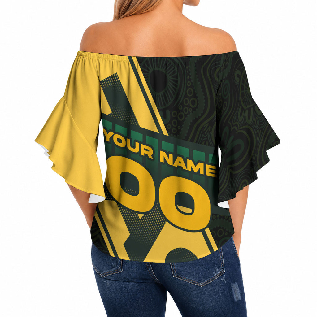 Personalised Tasmania Oztag Off Shoulder Wrap Waist Top Black Gold Aboriginal Pattern