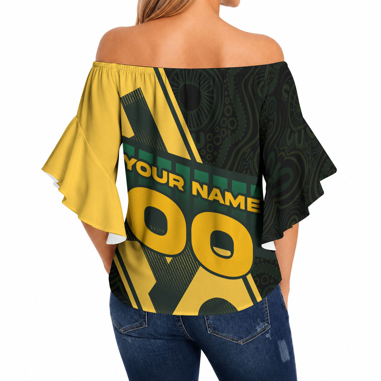 Personalised Tasmania Oztag Off Shoulder Wrap Waist Top Black Gold Aboriginal Pattern