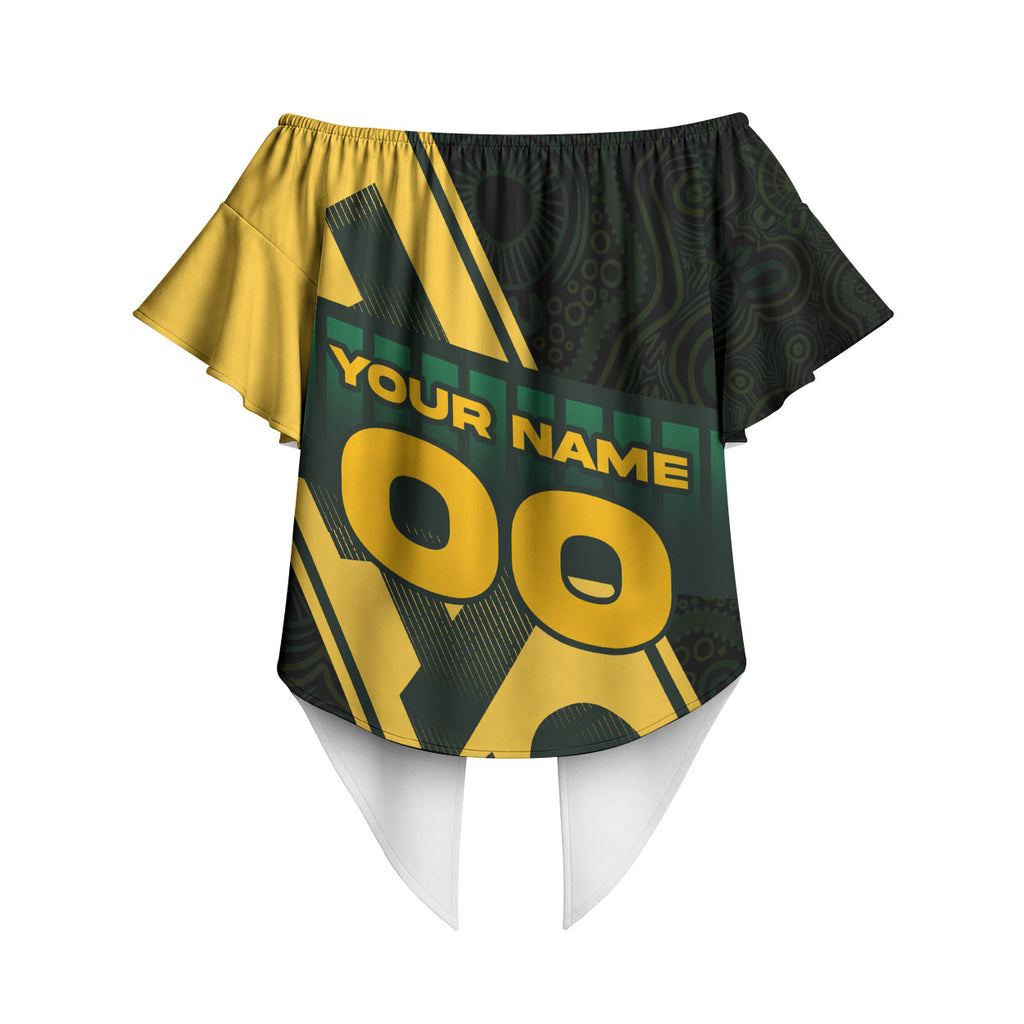 Personalised Tasmania Oztag Off Shoulder Wrap Waist Top Black Gold Aboriginal Pattern