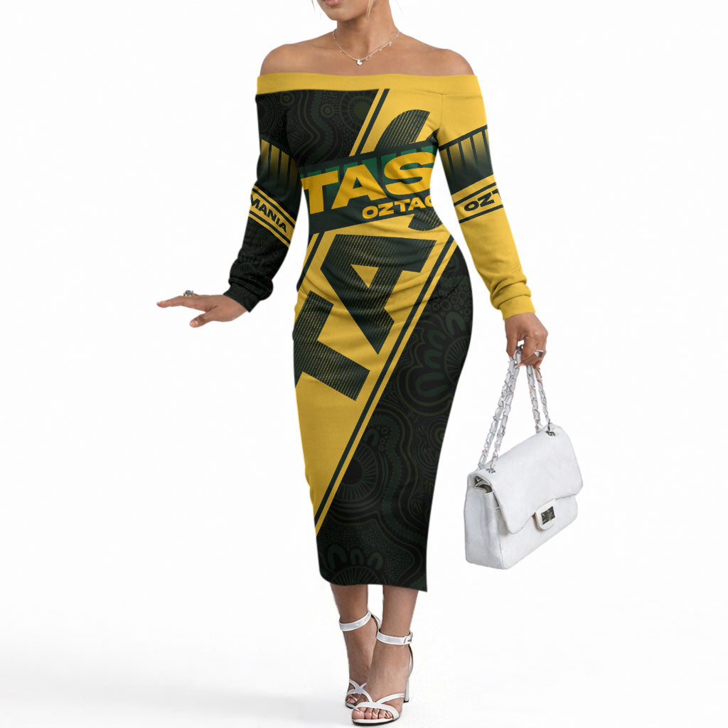 Personalised Tasmania Oztag Off The Shoulder Long Sleeve Dress Black Gold Aboriginal Pattern