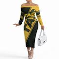 Personalised Tasmania Oztag Off The Shoulder Long Sleeve Dress Black Gold Aboriginal Pattern