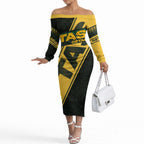 Personalised Tasmania Oztag Off The Shoulder Long Sleeve Dress Black Gold Aboriginal Pattern