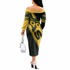 Personalised Tasmania Oztag Off The Shoulder Long Sleeve Dress Black Gold Aboriginal Pattern