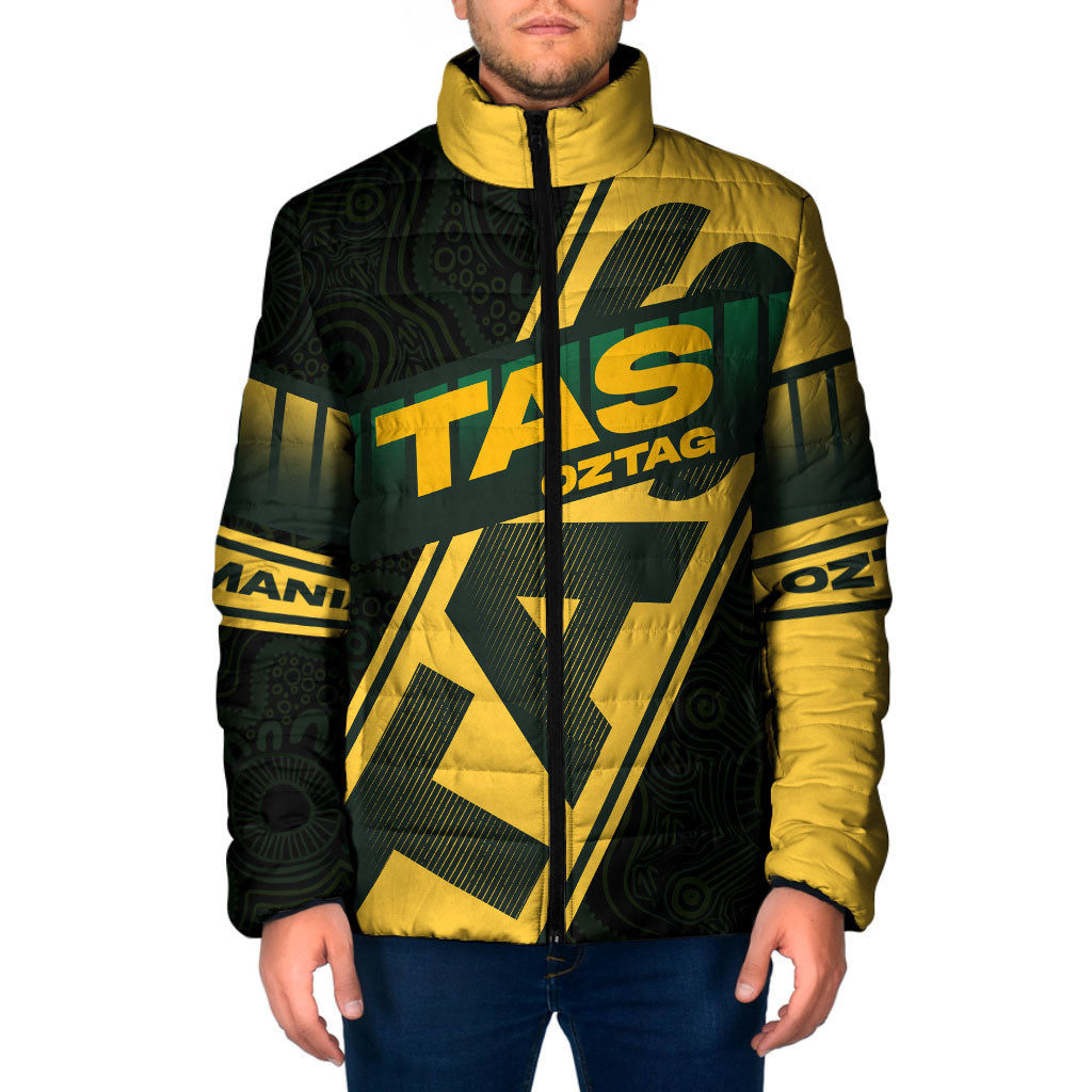 Personalised Tasmania Oztag Padded Jacket Black Gold Aboriginal Pattern