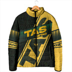 Personalised Tasmania Oztag Padded Jacket Black Gold Aboriginal Pattern