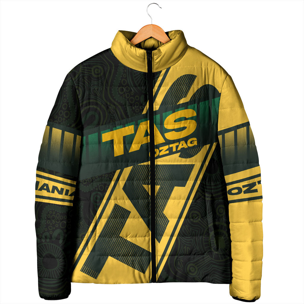 Personalised Tasmania Oztag Padded Jacket Black Gold Aboriginal Pattern