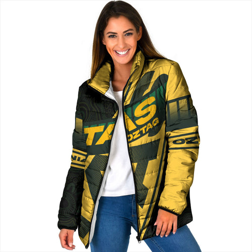Personalised Tasmania Oztag Padded Jacket Black Gold Aboriginal Pattern
